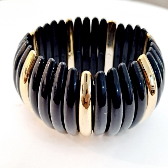 💖 2/$30 Chunky Gold & Black Stretch Cuff Bracelet Statement Bangle Stackable - Picture 3 of 9